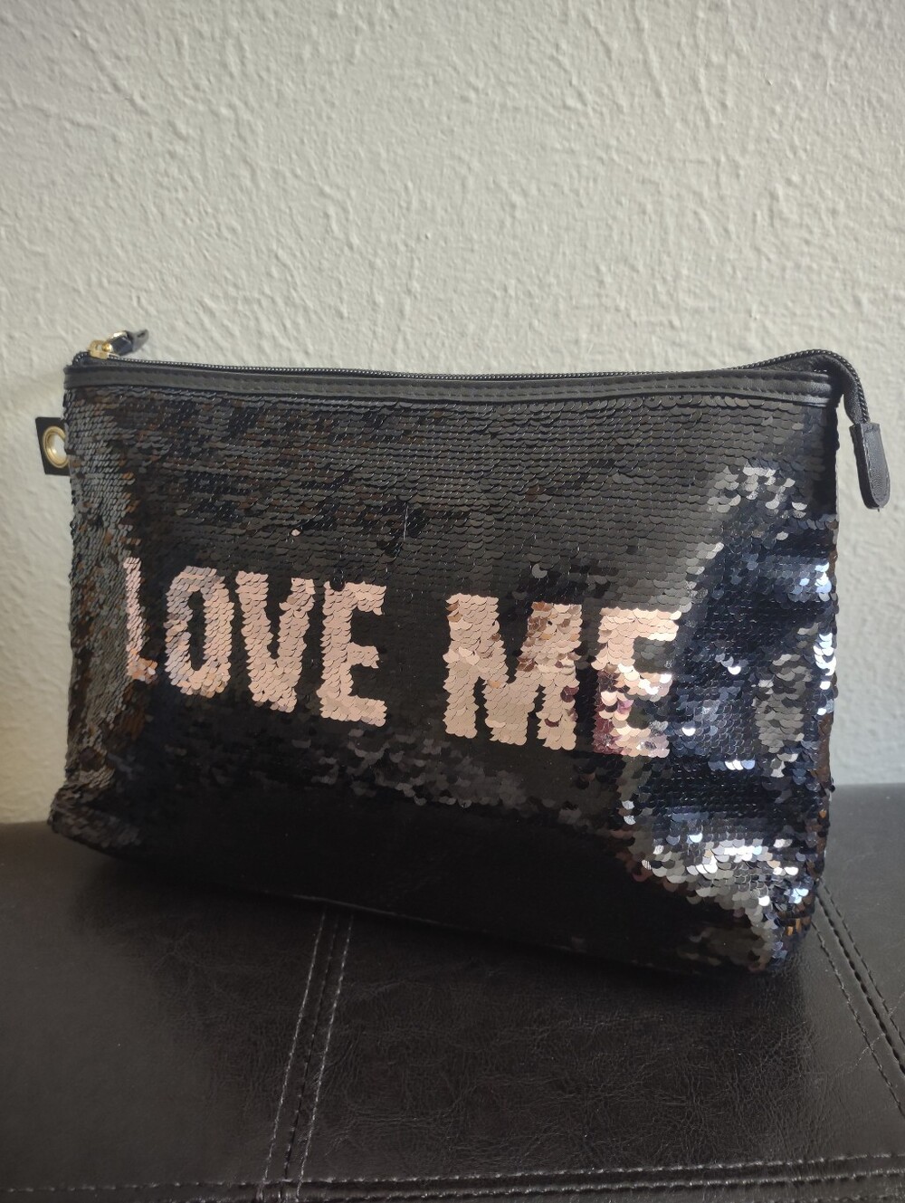 Victoria's Secret Reversible Sequin Cosmetic Bag Black Gold Heart Love Me